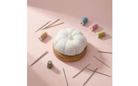 Handmade Pumpkin Pincushion Pearl Accent Wooden Base Needle Cushion Lace Textile Pin Holder for Sewers, Crafters, Quilters, Craft Room