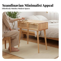 Multi-Purpose Design Desk with Storage Modern Design Cane Woven Mesh Desk Rattan Accents Vanity Table Woven Drawer Fronts for Students, Adults, Professionals, Bedroom, Small Areas, Study Room