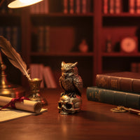 Gold-Toned Owl on Skull Figurine Metal-Finish Owl on Skull Statue Gothic Sculpture Textured for Collectors, Goths, Desk, Bookshelf, Halloween