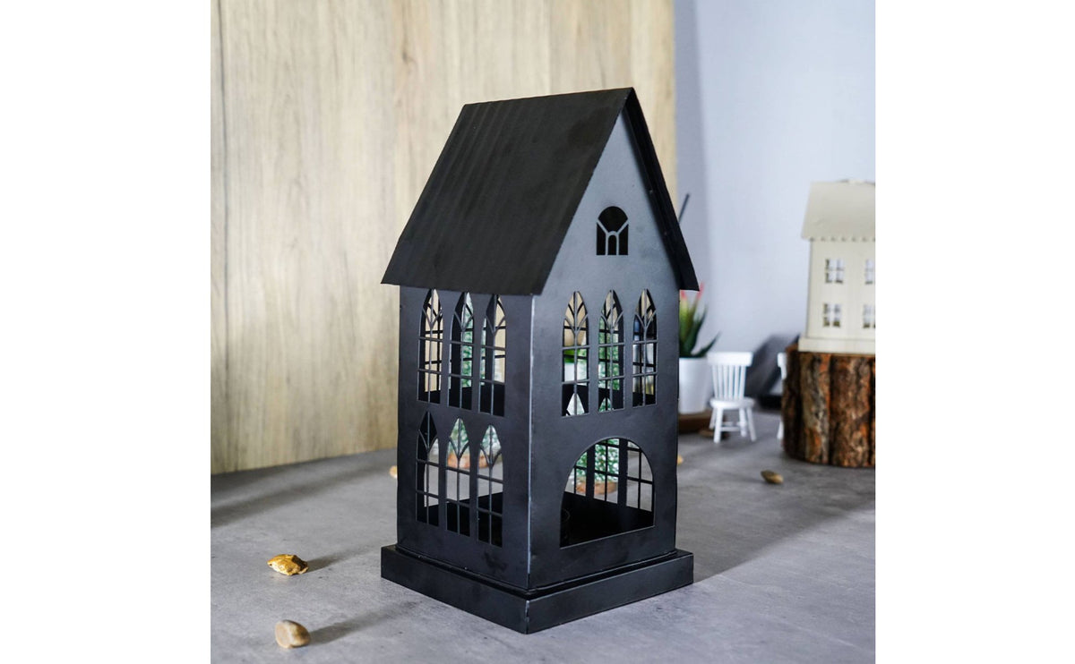 Style Candle Holder Hollow-out Design Gothic House Lantern Great Gift Idea Black Iron Ornament for Mantelpiece