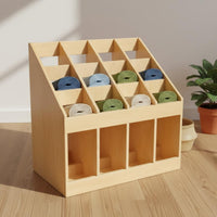 Slanted Slots 12 Compartment Rack Child-Centered Carpet Storage Rack Wooden Open Frame for Kindergarten