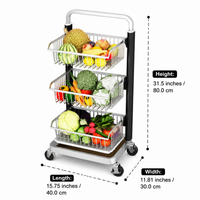 Black Rolling Storage Cart, Metal Utility Cart with Wheels, 30x40cm Freestanding Vegetable Pantry Organiser