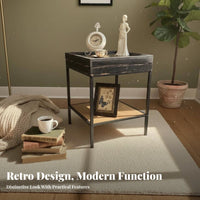 Vintage Design Sliding Top Storage Box Multi-Functional Side Table Rustic Finish Nightstand Sturdy Construction for Apartment Dwellers, Homeowners, Adults, Living Room, Balcony, Bedroom, Small Spaces