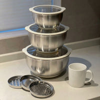 Stainless Steel Bowl Set of 3 with Graters, 304 Mixing Bowl for Meal Prep, Salad Serving Bowl with Transparent Center Lids and Non-Slip Bottom