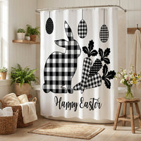 Happy Easter Shower Curtain, Cute Rabbit with Egg Decor Buffalo Plaid Design Fabric Shower Curtains for Homeowners, Adults, Bathtub, Black and White Cloth Fabric Bath Curtain
