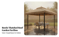 Thatched Roof Gazebo Rainproof Four-Corner Sun Cover Rustic Design Square Patio Canopy for Event Planners, Business Owners, Courtyard, Backyard, Deck