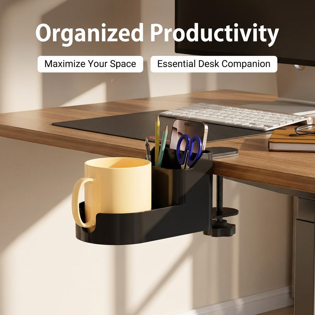 Desktop Organizer with Phone Holder and Cup Multifunctional Clip On Mount for Office Students, Workspace Organization Accessory