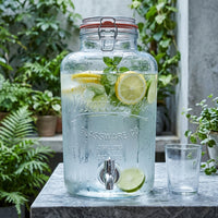 Glass Beverage Dispenser with Stainless Steel Tap and Wood Stand, Nordic Design Glass Beverage Server with Handle for Cold Refreshment Party Events