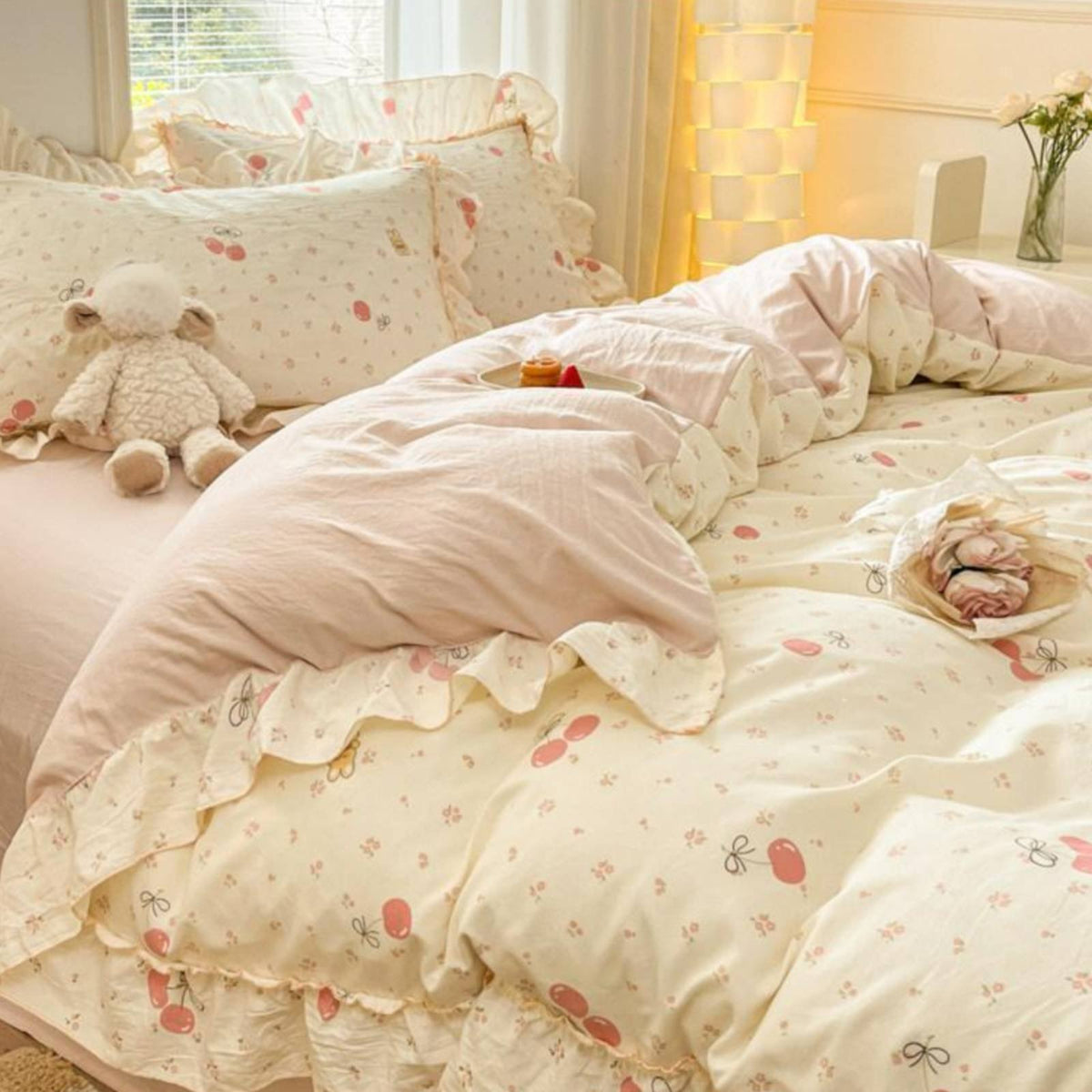 Pure Cotton Korean Design Duvet Cover Set Machine Washable Lace Trim Comforter Cover Set Romantic Princess Design Bedding Breathable for College Students, Teen Girls, Young Adults, Dorm Room, Bedroom
