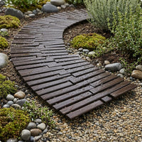 Curved Garden Walkway Slatted Carbonized Wood Panel Curved Wood Walkway Brown Outdoor Flooring Closely Spaced for Landscape