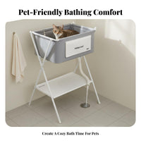 Ergonomic Height Pet Bath Tub with Stand Built-in Drainage System Collapsible Pet Tub Extendable Drain Hose Foldable Dog Bath Integrated Storage Shelf for Cats, Small Dogs, Outdoor