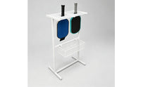 Freestanding Pickleball Paddle Rack with Ball Basket Metal Pickleball Paddle Holder with Ball Basket Wire Mesh Sturdy for Clubs, Garage, Training Areas, Entryway