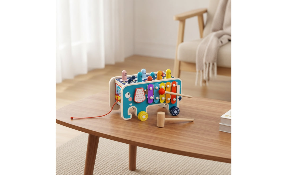 Fine Motor Musical Pounding Toy with Xylophone Natural Wood Hammering Toy with Xylophone Educational Approach Child Safe for Toddlers, Kids, Playroom, Nursery