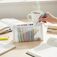 Thickened Mesh Layered Three-Compartment Pencil Pouch, Transparent, Large Capacity for Students