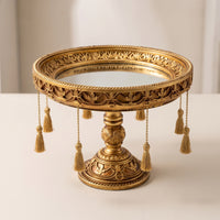 Decorative Pedestal Tray Ornate Tray with Tassels Round Riser for Tabletop, Vanity