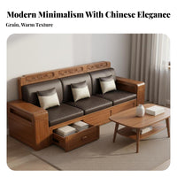 Solid Wood Storage Sofa Versatile-Versatile Design Walnut Wood Couch Firm Foam Cushions Chinese Design Living Room Set for Apartment Dwellers, Home