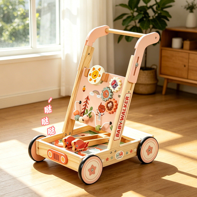 Wooden Baby Shopping Cart Toy with Bead Maze, Xylophone, and Gears