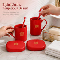 Wedding Bathroom Set with Toothbrush Holders, Cups, and Soap Dish - Red Bridal Essentials