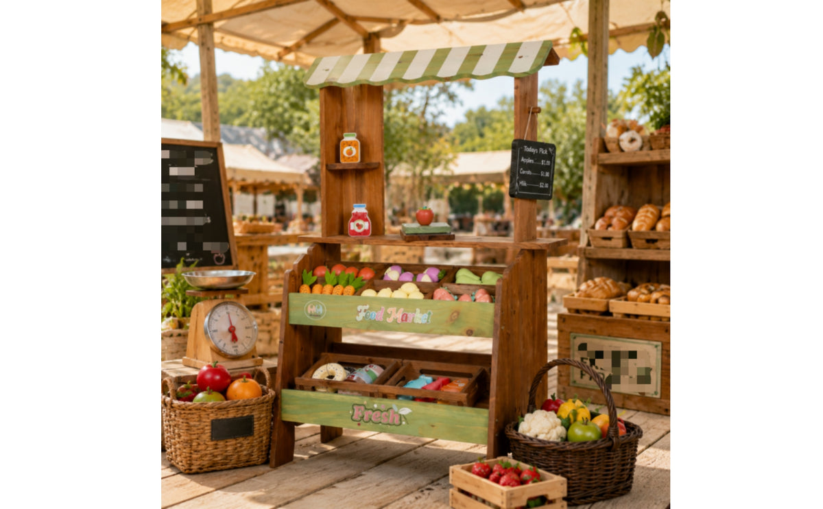 Wooden Market Stand Storage Shelves Children's Market Stand Multiple Compartments Grocery Store Playset