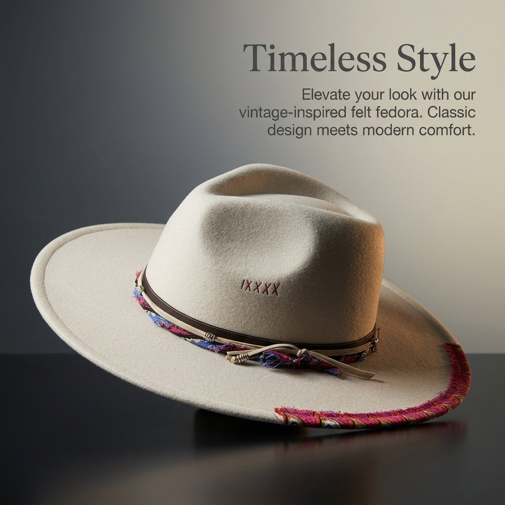 Fedora Hat for Men and Women with Wide Brim for Winter, Felt with Hand Embroidered Detail for Autumn Outings