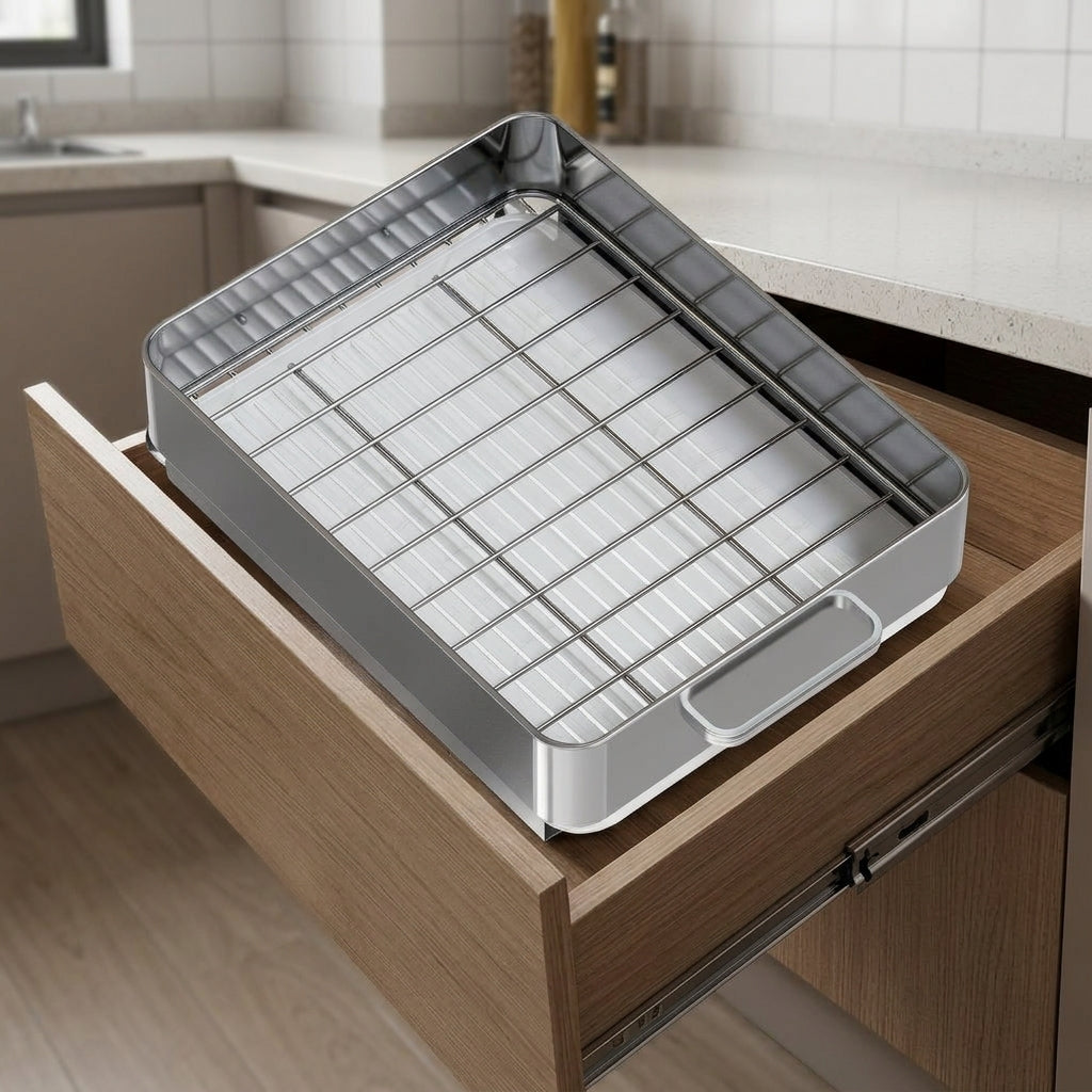 Large Capacity Dish Drainer, Under Sink Organizer, Sliding Drawer, No Installation, Minimalist Rectangular Design