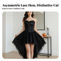 2 Pieces High-Low Hem Strapless Corset Dress with Lace Shrug without-Shoulder Design Lace-up Bustier and Skirt Set Waist Cinching Dark Romantic Outfit Ruffled Trim for Goth Enthusiasts, Young Adults, Photoshoots, Cosplay Events, Stage Performance