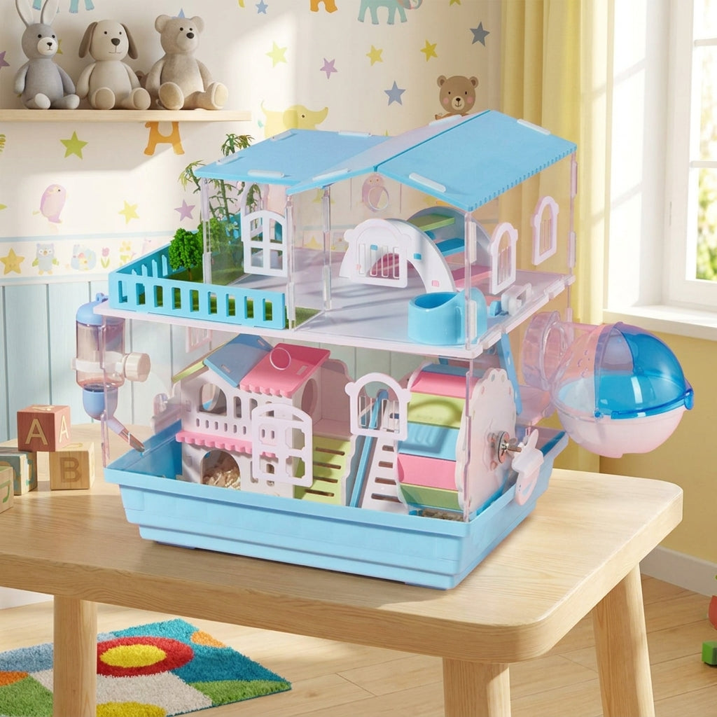 Acrylic Hamster Cage, Double Layer Hamster Villa with Wood Frame, Large Multi-Layer Syrian Hamster Habitat with Transparent Viewing and Tray Base