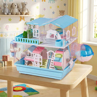 Acrylic Hamster Cage, Double Layer Hamster Villa with Wood Frame, Large Multi-Layer Syrian Hamster Habitat with Transparent Viewing and Tray Base
