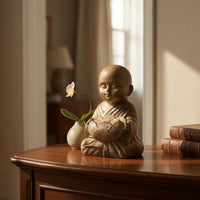 Carved Robe Folds Bronze Monk Candle Holder Polished Bald Head Seated Monk Figurine Compact Lotus Cup Statue Ornamental for Desktop