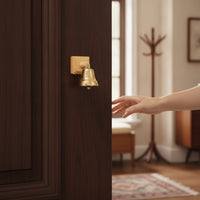 Vintage-Style Door Bell with Wooden Mount Adhesive-Backed Shopkeepers Bell Adhesive Door Chime Brass-Colored for Homeowners, Entryway, Storefront