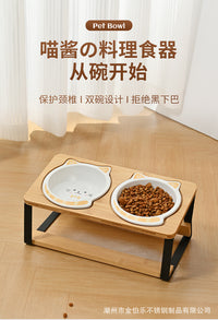 陶瓷双碗斜口护颈猫食盆架防打翻宠物碗架宠物猫碗木质宠物猫碗架