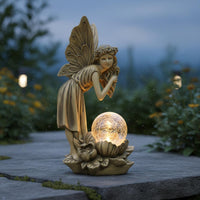 Glass Ball Fairy Sculpture Outdoor Use Resin Fairy Statue Flower Base Celestial Figure Figurine for Patio