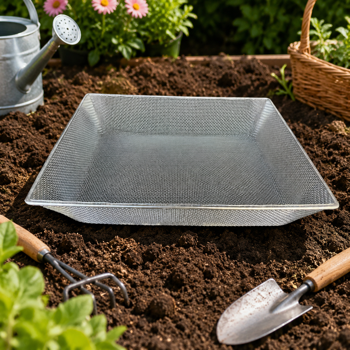 Soil Sifter, 2mm Mesh Galvanized Steel Sieve, 43x33x9-10cm Square Dirt Sifter for Gardeners, Sand & Gravel