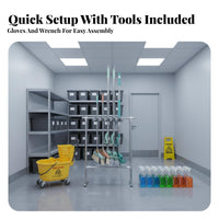 Stainless Steel Frame Mobile Mop and Broom Holder Water Water-Collecting Tray Mop Rack with Wheels Rust-Unrestricted Freestanding Broom Organizer Rack Sturdy Construction for Janitors, Laundry Room, School, Office, Basement