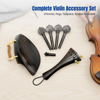 Ebony, Rosewood, Jujube Violin Accessories Set, Complete Kit, Chinrest Peg Tailpiece Endpin
