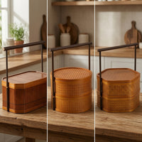Handmade Double-Layer Bamboo Basket Natural Basket with Handle and Lid Vintage Multi-Purpose for Tea Lovers