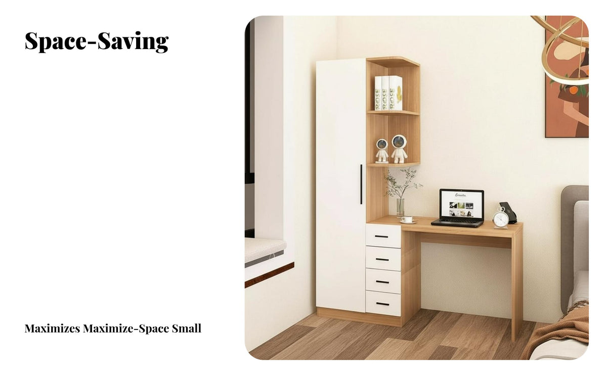 Allallunified Design Wardrobe with Integrated Desk Space-Saving Computer Desk with Hutch Multi-Functional Combination Furniture Corner Fit for Apartment Dwellers, Home Office Workers, Professionals, Bedroom, Dorm Room