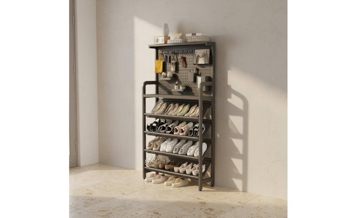 Space-Saving Shoe Rack with Pegboard Slim Design Multi-Tier Shoe Rack Small Footprint Entryway Organizer Sturdy for Behind the Door, Hallway