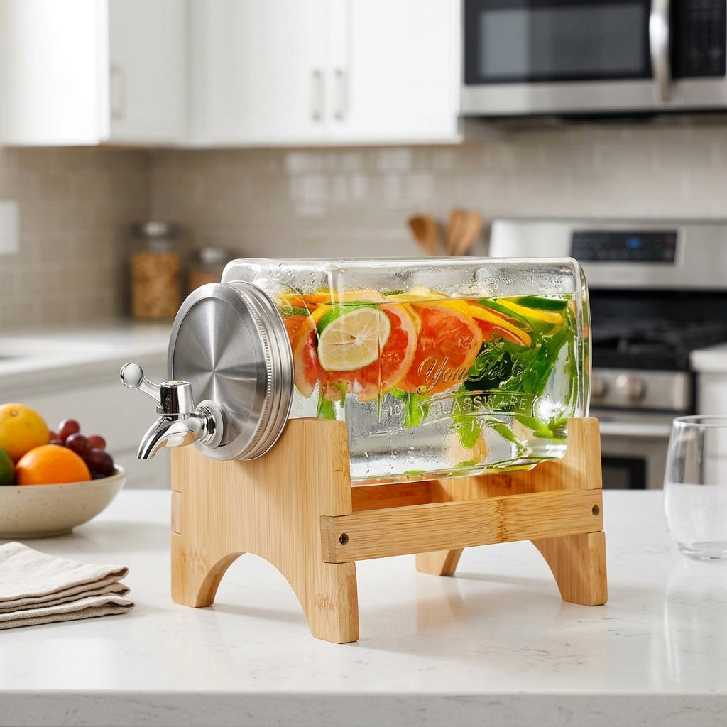 Water Dispenser with Tap and Wood Stand, Rectangular Water Jug, Drink Dispenser for Iced Tea and Cold Brew, Large Capacity Cold Beverage Carafe