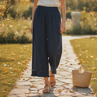 Women's Tencel Linen Cotton Blend Wide-Leg Pants with Ruffle Trim