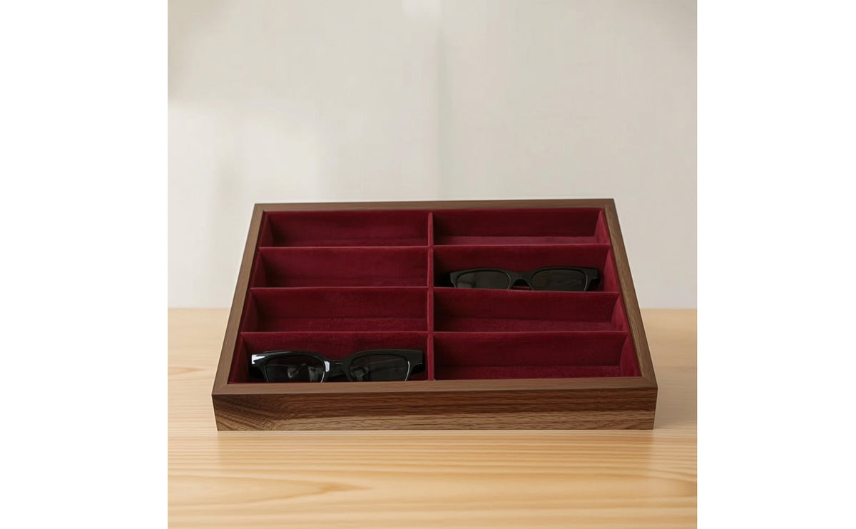 Organizador De Gafas De Sol Protector Eyewear Organizer Sunglass Display Case Lined Compartment Tray with Wood-Grain Frame