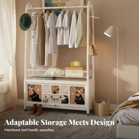 Movable on Wheels Rolling Clothes Hanger Dust-Proof Rolling Wardrobe with Cabinet Easy Assembly Garment Stand Heavy Duty for Renters, Students, Adults, Bedroom, Living Room, Entryway, Walk-in Closet