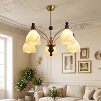 Gold-Toned Chandelier with Petal Shades Pleated Flower Chandelier Wood-Accented Fixture Sculptural for Bedroom