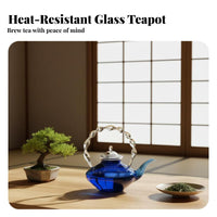 Blue Glass Teapot Heat Resistant Twisted Handle Glass Teapot Elegant Design