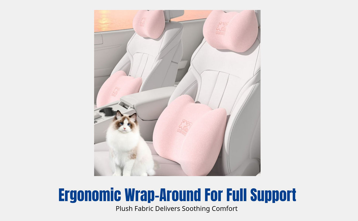 Car Support Pillow, Memory Foam Waist Pad, Cute Cat Design, Ergonomic Spine Support for Driver Seat, Women, Universal Fit