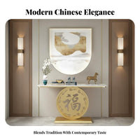 Light Luxury Design Console with Fu Character Base Scratch Resistant Top Accent Table Rounded Corners Household Furnishing Easy to Clean for Homeowners, Interior Design Enthusiasts, Hotel Managers, Entryway, Hallway, Living Room
