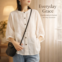 Womens Tops Linen Shirt with Lantern Sleeves, Three Quarter Sleeve Casual Blouse, Vintage Bohemian Style
