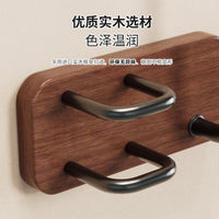 Walnut Wood Wall-Mounted Storage Rack with Hooks for Bathroom and Kitchen