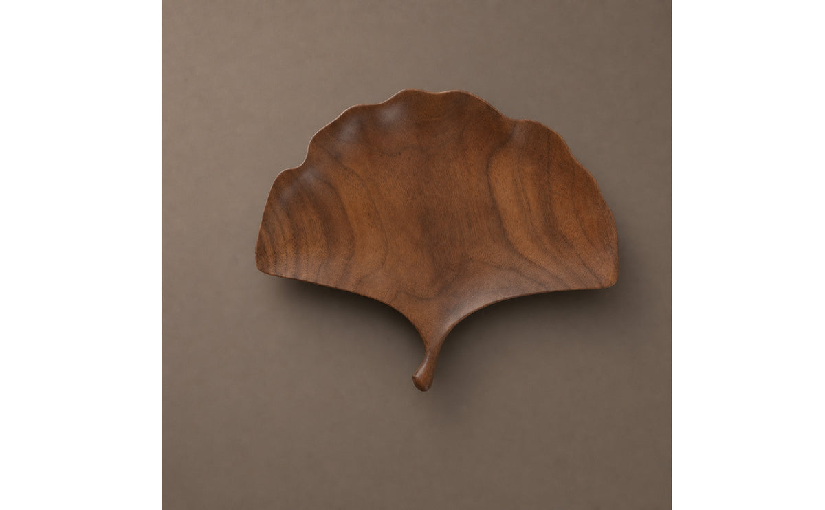 Ginkgo Leaf Tray Hand-Carved Leaf Shaped Tray Walnut Finish for Hosts, Tea Service, Tabletop Decor