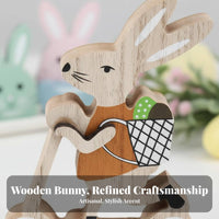 Wooden Hare on Cute Design Bunny with Egg Basket Figurine Rustic Charm Wooden Bunny Figurine for Kids, Parents, Tiered Tray, Mantel, Nursery